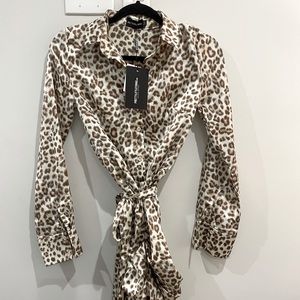 NWT Pretty Little Thing Leopard Print Ruffle Mini Wrap Dress